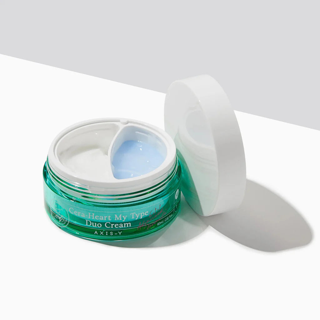 AXIS-Y Cera-Heart My Type Duo Cream open jar showing dual chambers with white and blue moisturizers for dry and oily skin types, Korean skincare product for balanced hydration.