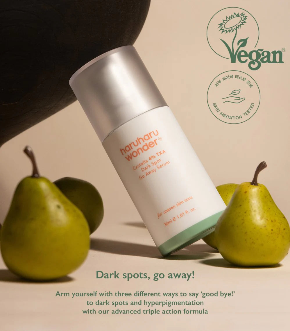 Haruharu Wonder Centella 4% TXA Dark Spot Go Away Serum with pear extract, vegan formula, and skin irritation tested label, designed to target dark spots and hyperpigmentation.