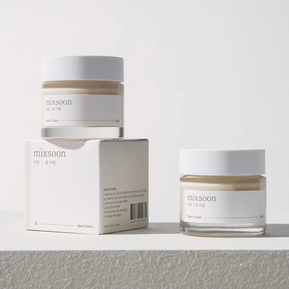Mixsoon Bean Cream 50ml jars displayed with packaging box, showcasing minimalist skincare design and clean beauty branding.