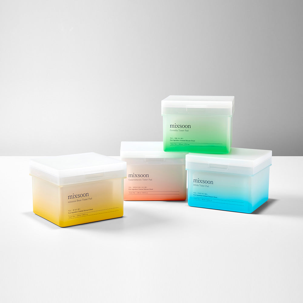 Mixsoon toner pad collection featuring Centella, Bifida, Galactomyces, and Bean formulas in colorful gradient containers for targeted skincare routines.
