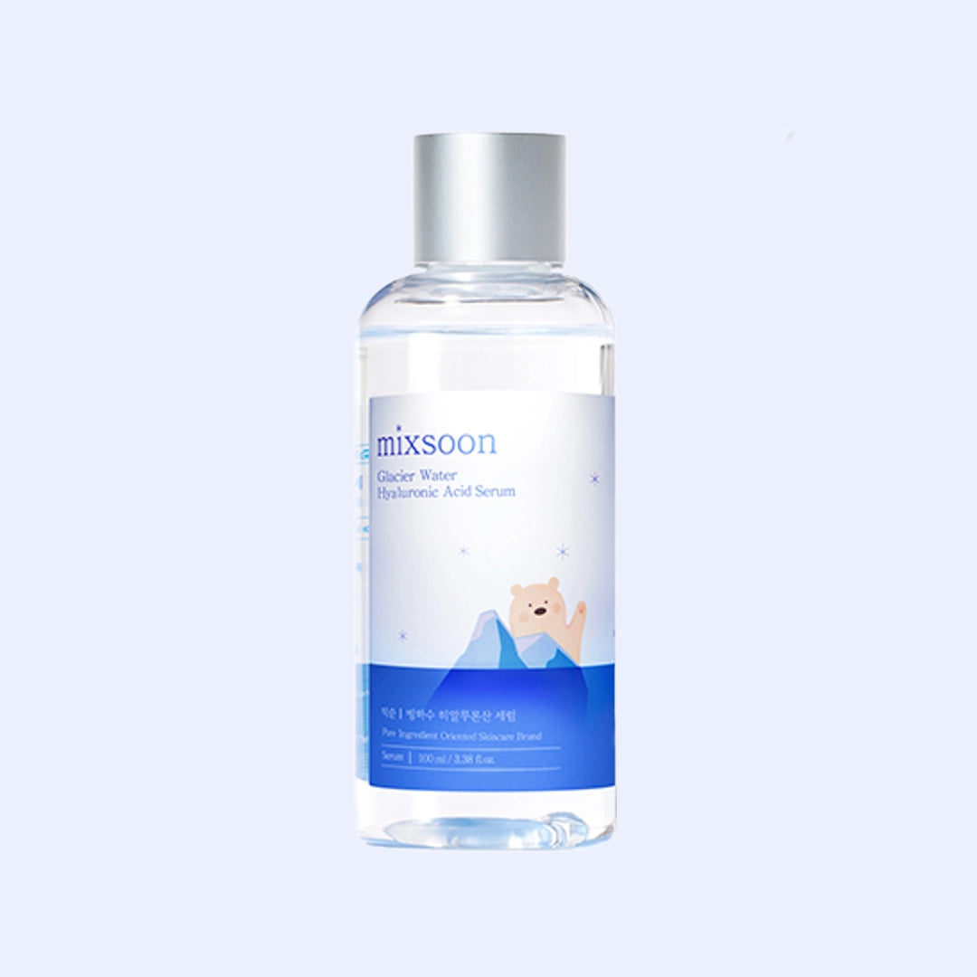 Mixsoon Glacier Water Hyaluronic Acid Serum in a clear bottle with a polar bear design, a Korean hydrating serum formulated with glacier water for deep moisture and plump skin.