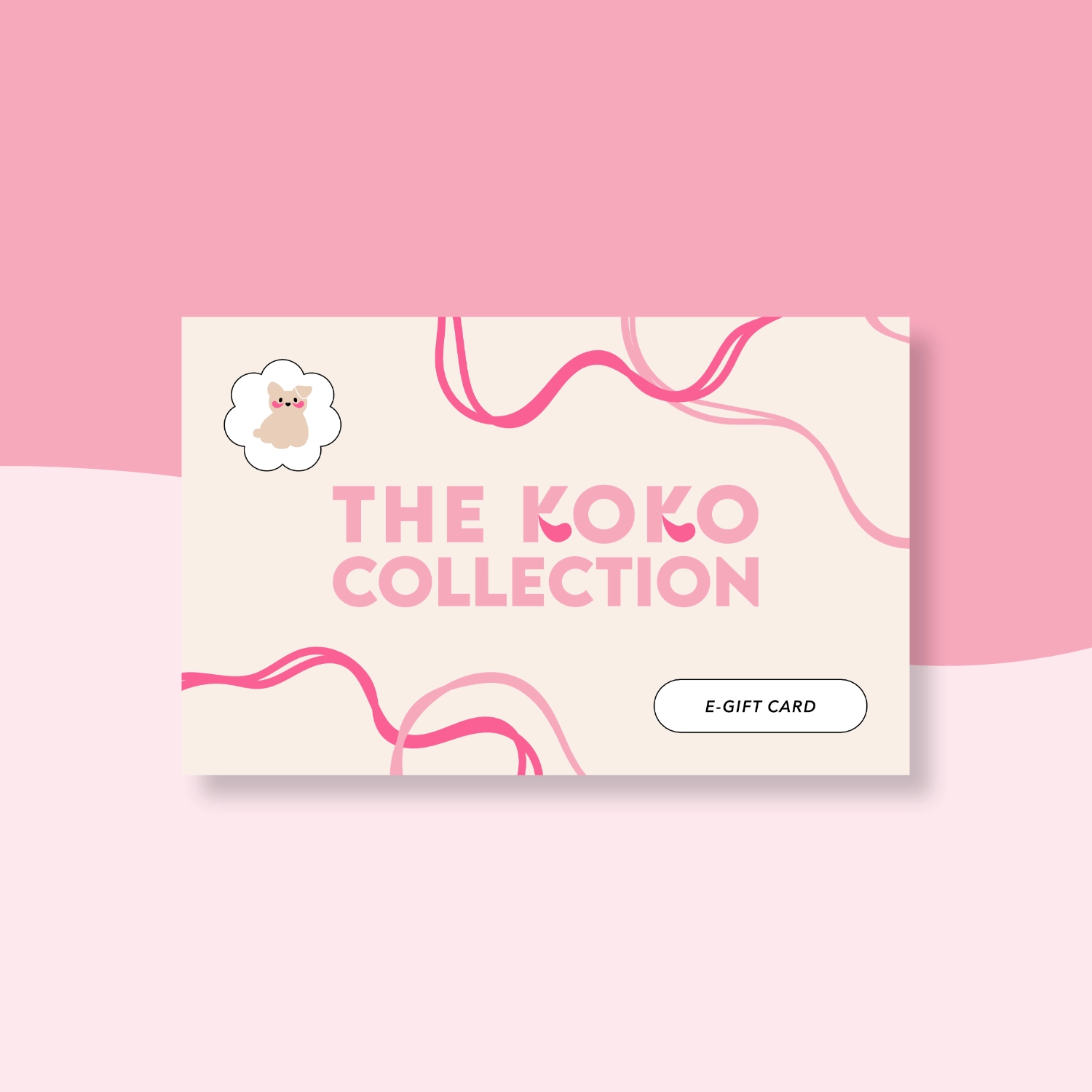 Digital gift card design for The Koko Collection. Pink and cream layout with ribbon graphics and cute dog mascot logo