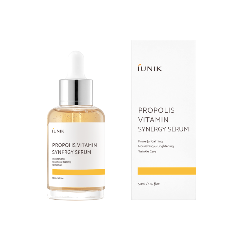 iUNIK Propolis Vitamin Synergy Serum with box – calming and brightening Korean serum for nourishing skin and wrinkle care.