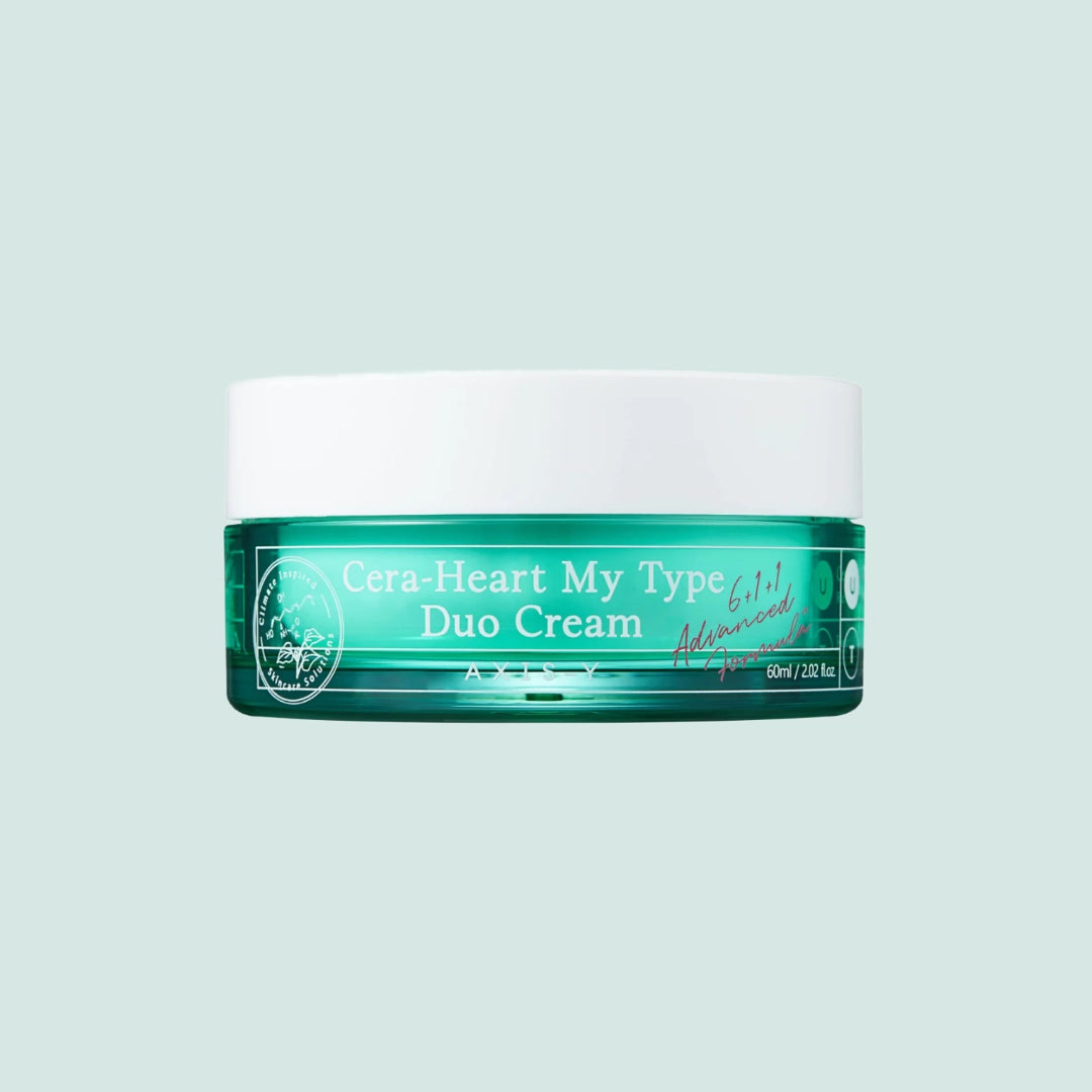 AXIS-Y Cera-Heart My Type Duo Cream in a turquoise jar, a Korean skincare moisturizer with dual formulas for balancing oily and dry zones, ideal for combination skin.