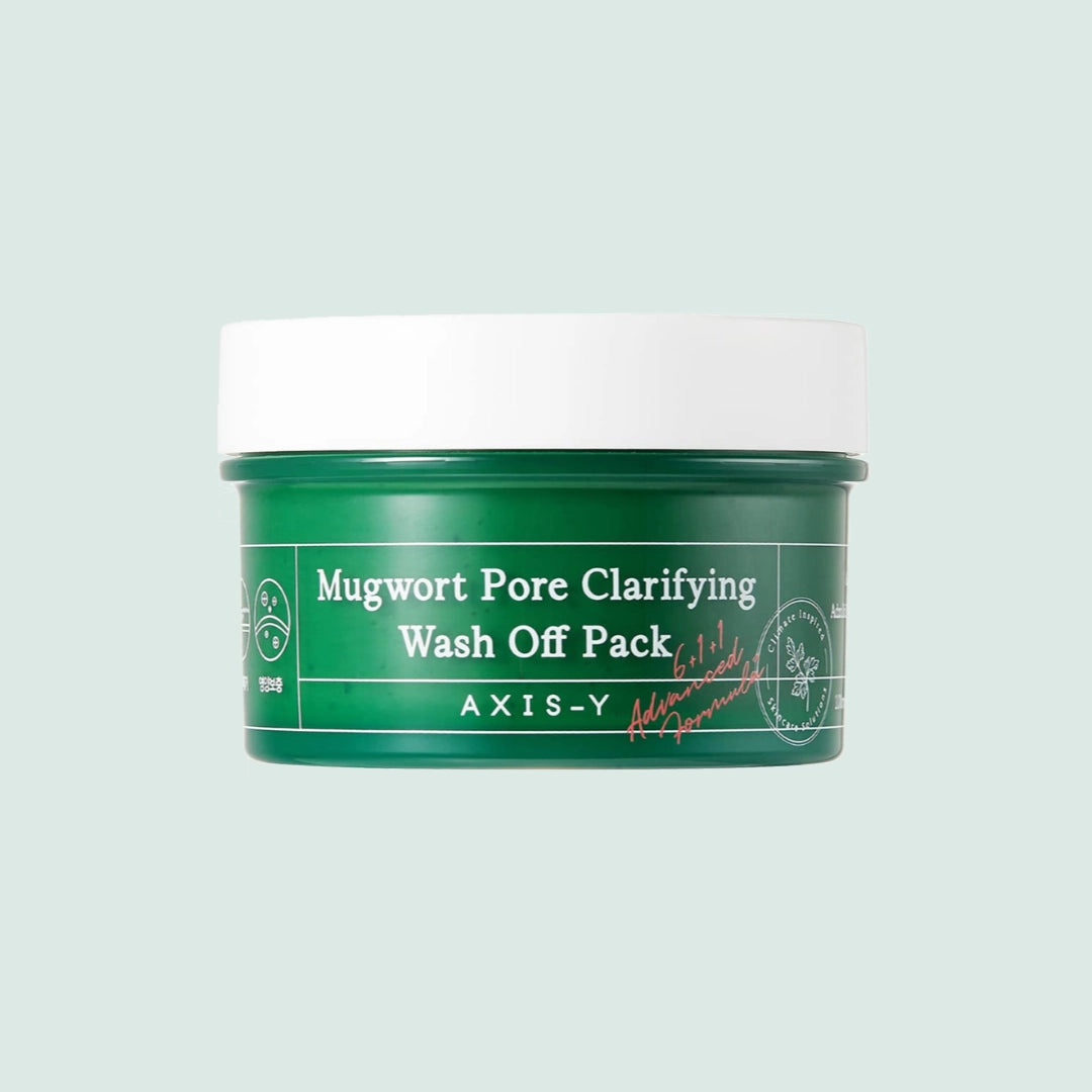 AXIS-Y Mugwort Pore Clarifying Wash Off Pack in green jar, a Korean skincare mask designed to calm irritation and clear clogged pores.