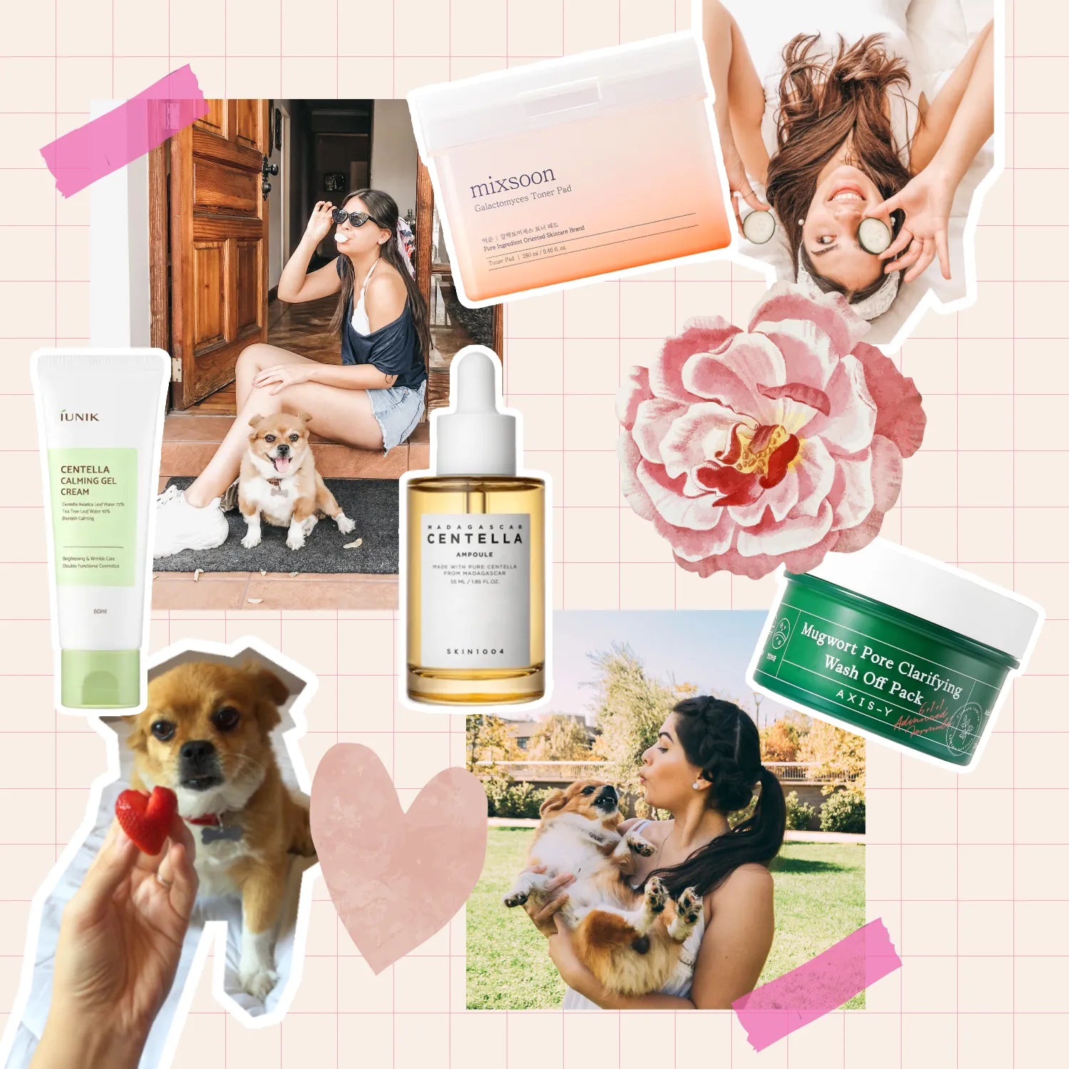 Heartfelt collage of Melissa and her dog Coco alongside favorite Korean skincare products and floral elements
