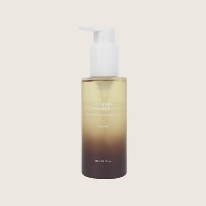 Haruharu Wonder Black Rice Moisture Deep Cleansing Oil bottle with white pump dispenser, featuring unscented formula for gentle, effective makeup removal and skin hydration