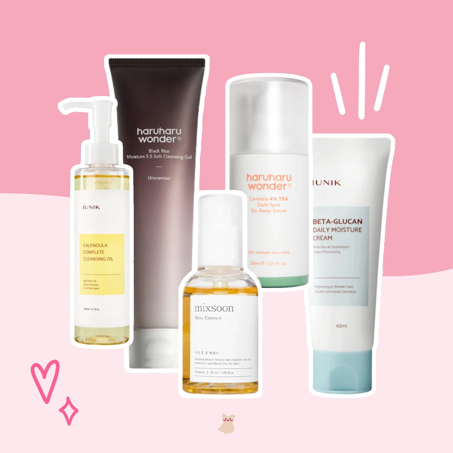 Flat lay of Korean skincare products including iUNIK Calendula Cleansing Oil, Haruharu Wonder Black Rice Cleansing Gel, Mixsoon Bean Essence, Haruharu Wonder TXA Dark Spot Serum, and iUNIK Beta-Glucan Moisture Cream, arranged on a pink background with heart and dog graphics from The Koko Collection.