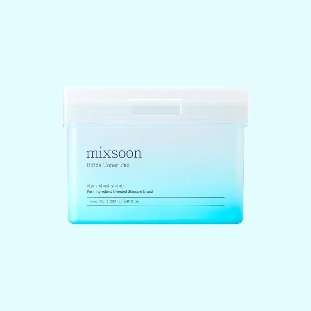 Mixsoon Bifida Toner Pad in blue gradient container, a gentle Korean exfoliating pad infused with Bifida ferment for skin barrier support and hydration.