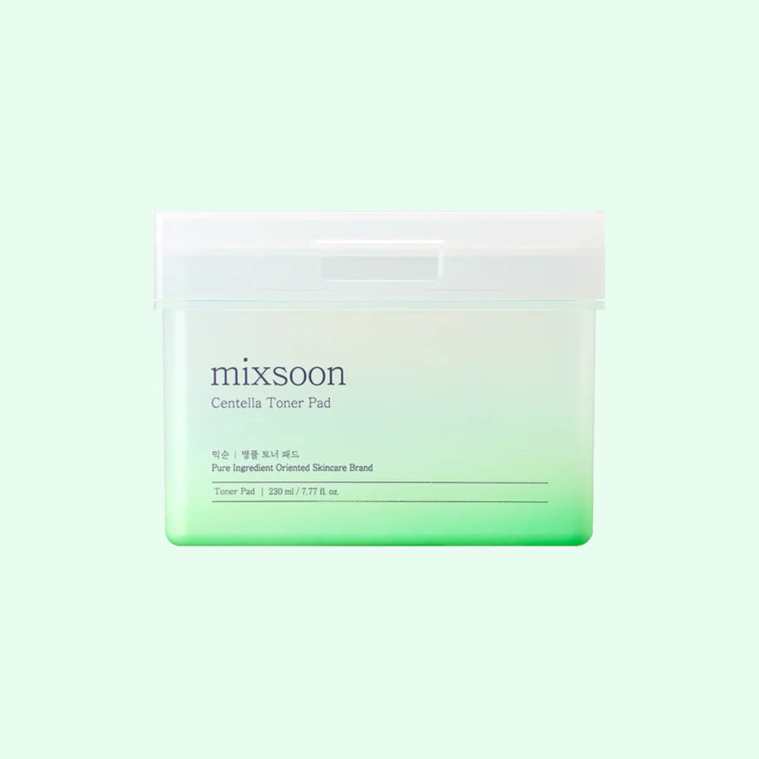 Mixsoon Centella Toner Pad in green gradient packaging, a calming Korean skincare product infused with centella asiatica to soothe sensitive and irritated skin.