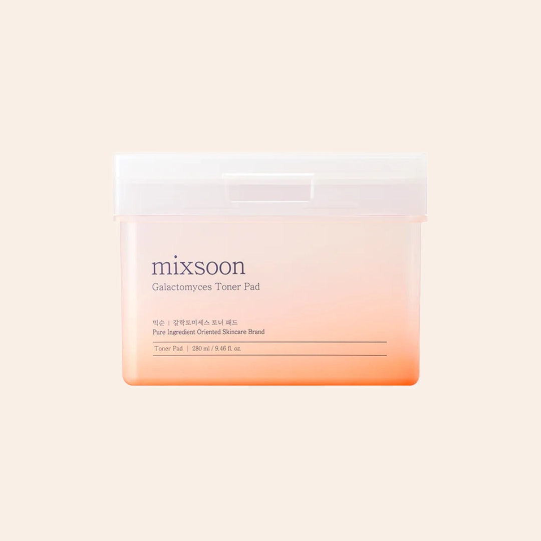 Mixsoon Galactomyces Toner Pad in a peach-toned container, Korean skincare exfoliating and hydrating pads enriched with fermented ingredients for brighter, smoother skin.