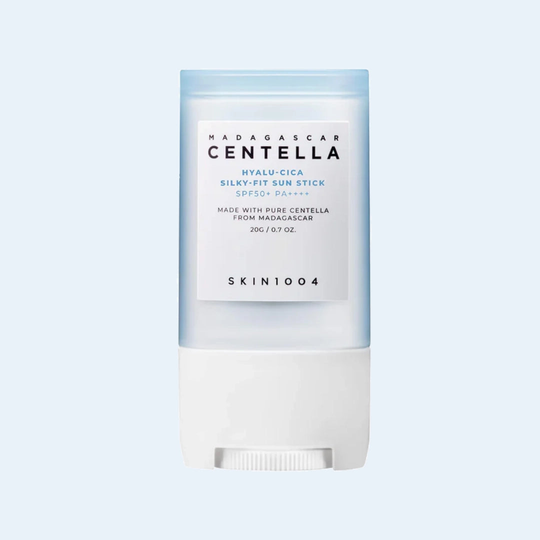 SKIN1004 Hyalu-Cica Silky-Fit Sun Stick SPF50+ PA++++ on soft blue background