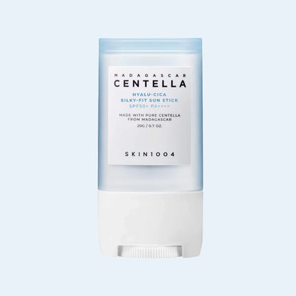 SKIN1004 Hyalu-Cica Silky-Fit Sun Stick SPF50+ PA++++ on soft blue background