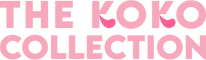The Koko Collection, Korean skincare brand, logo in soft pink text with playful eye patches as accents, transparent background