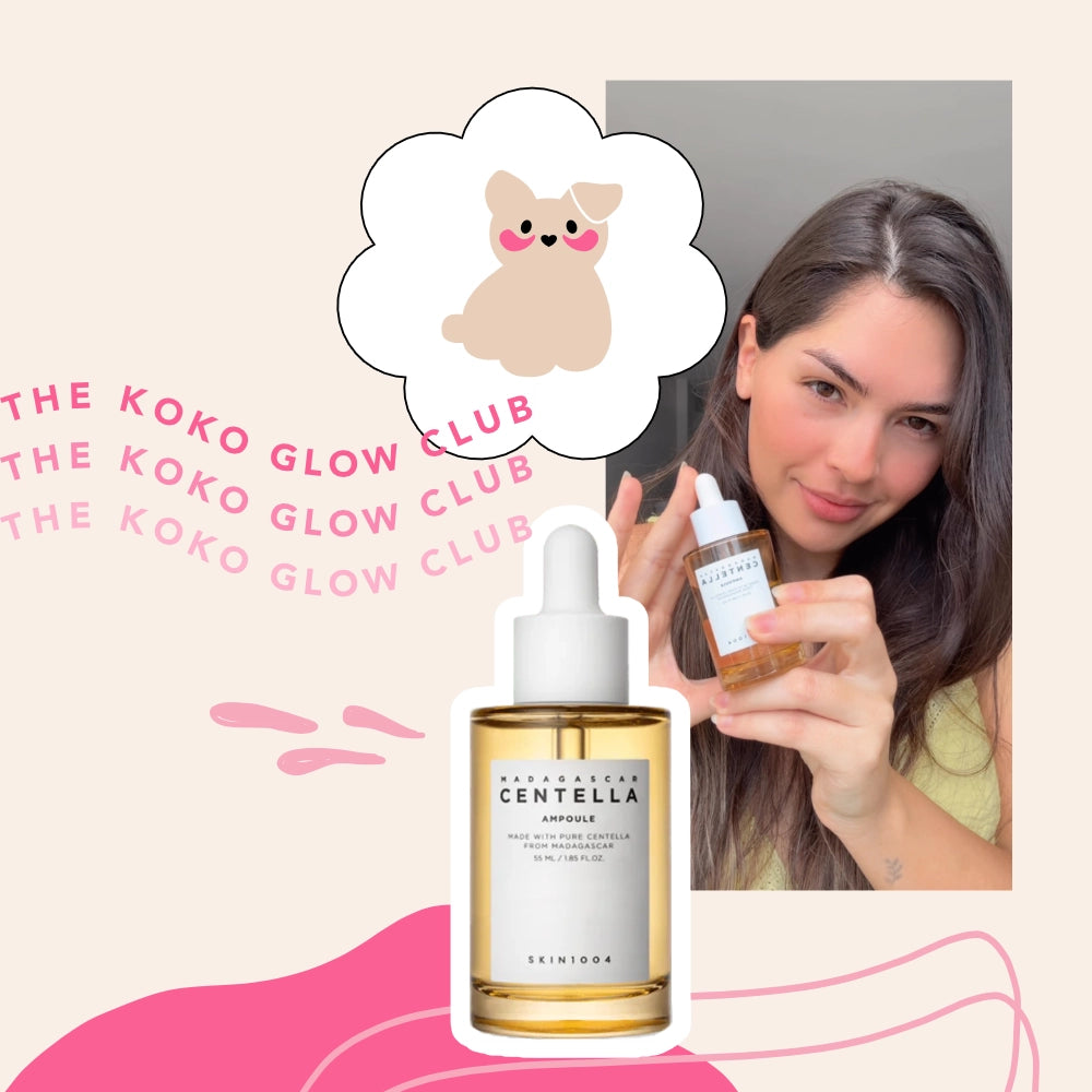 The Koko Glow Club graphic featuring SKIN1004 ampoule, a smiling woman, and The Koko Collection’s dog logo