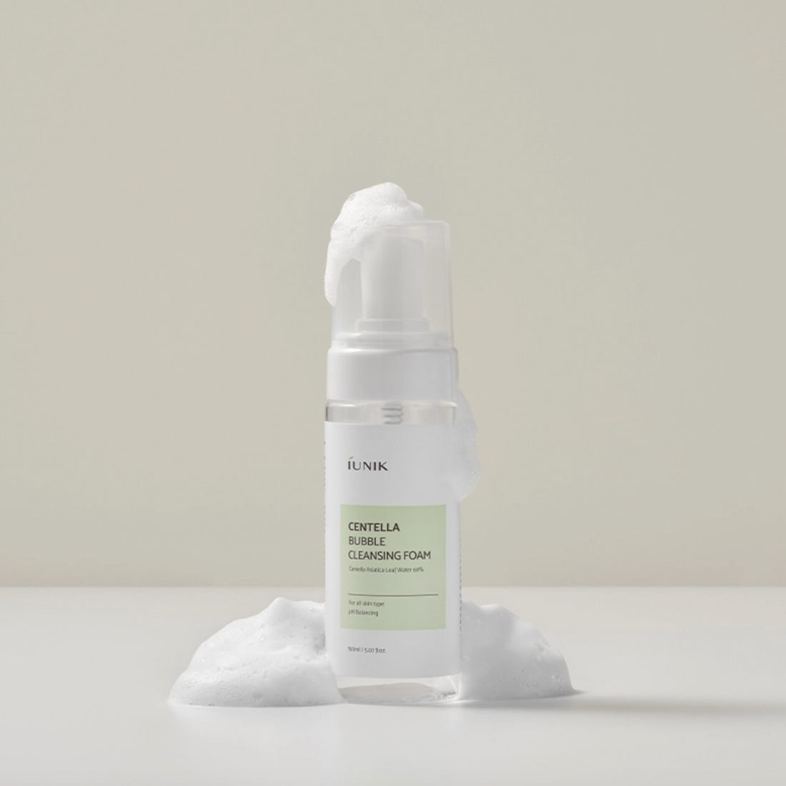 iUNIK Centella Bubble Cleansing Foam bottle with foam lather – Korean skincare cleanser with Centella Asiatica for gentle, soothing, and pH-balanced facial cleansing