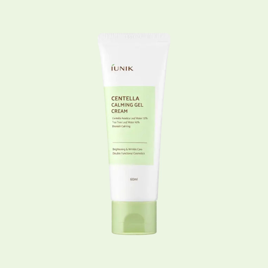 iUNIK Centella Calming Gel Cream. Lightweight Korean moisturizer with centella asiatica and tea tree for soothing and hydrating sensitive skin.