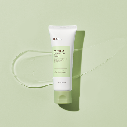 iUNIK Centella Calming Gel Cream flatlay on green background with gel texture – soothing moisturizer for sensitive, acne-prone skin.