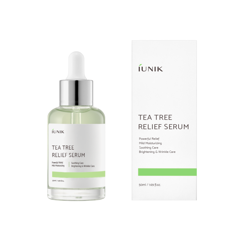 iUNIK Tea Tree Relief Serum with product box. Korean skincare serum for soothing, moisturizing, and brightening sensitive skin.